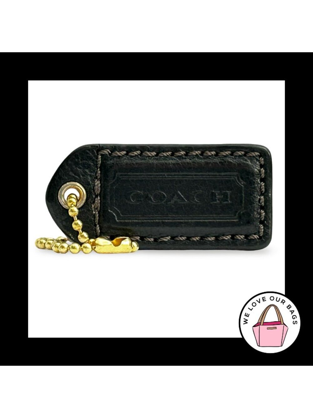COACH Y2K VINTAGE Hang Tag 2" Black Leather Bag Charm Keychain Fob Brass Medium